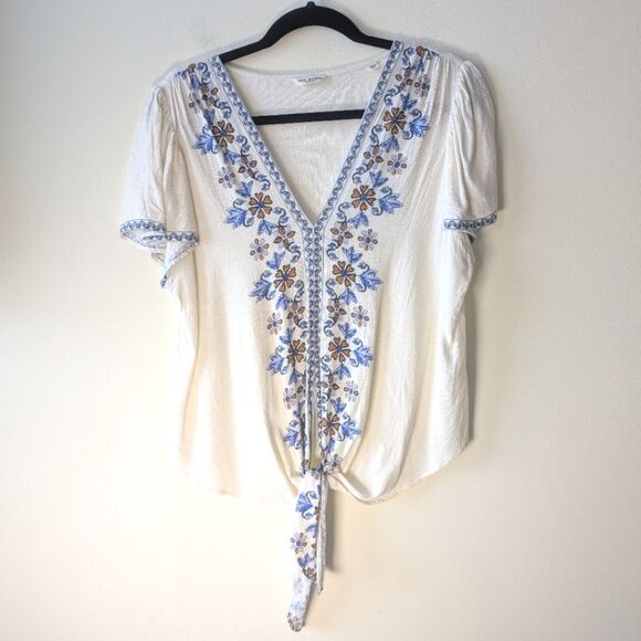 Max Studio Floral Tie Front Top In Cream Blue Multi Size Small - Picture 3 of 7